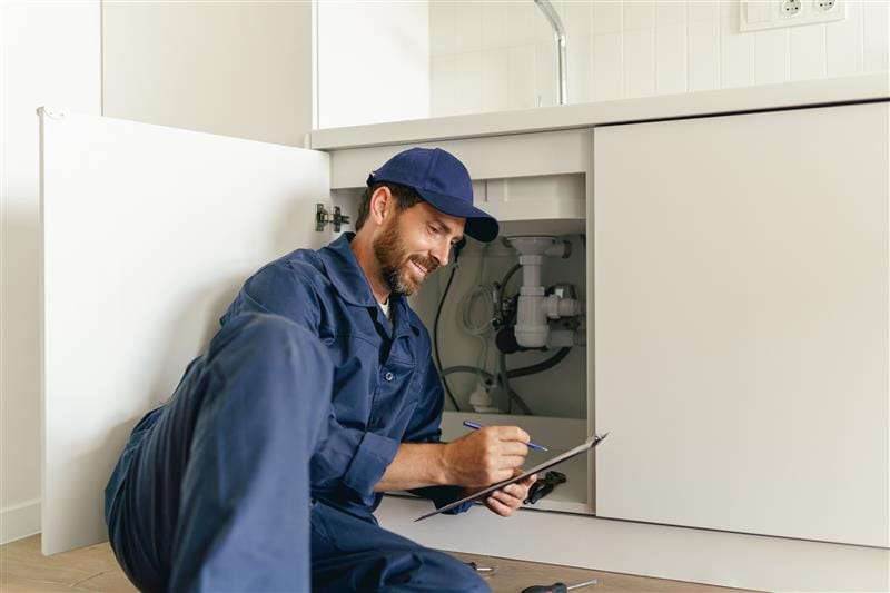 Residential plumber reviewing plumbing repairs in a Silver Spring kitchen