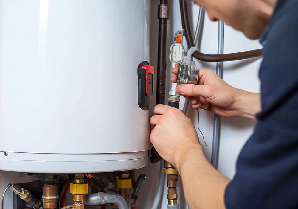 Technician repairing pipes connected to a water heater in Silver Spring